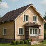 Проект дома «Б-145» из СИП-панелей, 145 м² — двухэтажный дом с бежевым фасадом, коричневой крышей и кирпичным цоколем | HotWell.KZ