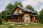 Проект дома «Б-147» из СИП-панелей, 147 м² — двухэтажный дом с деревянным фасадом, серой крышей и террасой | HotWell.KZ