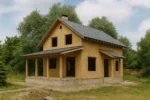 Дом «Б-147», 147 м², 1.5 этажа, в черновой отделке: коробка из СИП-панелей OSB-3, двускатная кровля из металлочерепицы, проёмы без окон и дверей, в проёмах видны сосновые балки перекрытия