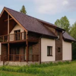 Проект дома «Б-148» из СИП-панелей, 148 м² — двухэтажный дом с коричневым фасадом, черепичной крышей и балконом | HotWell.KZ