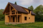 Дом «Б-148», 148 м², 1,5 этажа, в черновой отделке: коробка из СИП-панелей OSB-3, двускатная кровля из металлочерепицы, проёмы без окон и дверей, в проёмах видны сосновые балки перекрытия