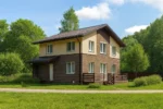 Проект дома «Б-150» из СИП-панелей, 150 м² — двухэтажный дом с коричневым фасадом, черной крышей и террасой | HotWell.KZ