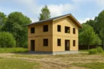 Дом «Б-150», 150 м², 2 этажа, в черновой отделке: коробка из СИП-панелей OSB-3, двускатная кровля из металлочерепицы, проёмы без окон и дверей, в проёмах видны сосновые балки перекрытия