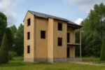 Дом «Б-150Б», 150 м², 2.5 и более, в черновой отделке: коробка из СИП-панелей OSB-3, двускатная кровля из металлочерепицы, проёмы без окон и дверей, в проёмах видны сосновые балки перекрытия