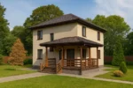 Проект дома «Б-153» из СИП-панелей, 153 м² — двухэтажный дом с бежевым фасадом, коричневой крышей и крытым крыльцом | HotWell.KZ