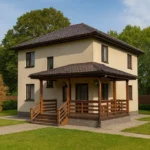 Проект дома «Б-153» из СИП-панелей, 153 м² — двухэтажный дом с бежевым фасадом, коричневой крышей и крытым крыльцом | HotWell.KZ