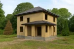 Дом «Б-153», 153 м², 2 этажа, в черновой отделке: коробка из СИП-панелей OSB-3, вальмовая кровля из металлочерепицы, проёмы без окон и дверей, в проёмах видны сосновые балки перекрытия