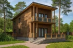 Проект дома «Б-154Б» из СИП-панелей, 154 м² — двухэтажный дом с деревянным фасадом, серой крышей и балконом | HotWell.KZ