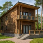 Проект дома «Б-154Б» из СИП-панелей, 154 м² — двухэтажный дом с деревянным фасадом, серой крышей и балконом | HotWell.KZ