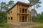 Дом «Б-154Б», 154 м², 1.5 этажа, в черновой отделке: коробка из СИП-панелей OSB-3, односкатная кровля из металлочерепицы, проёмы без окон и дверей, в проёмах видны сосновые балки перекрытия
