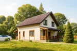 Проект дома «Б-158Б» из СИП-панелей, 158 м² — двухэтажный дом с бежевым фасадом, коричневой крышей и крытой террасой | HotWell.KZ