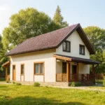 Проект дома «Б-158Б» из СИП-панелей, 158 м² — двухэтажный дом с бежевым фасадом, коричневой крышей и крытой террасой | HotWell.KZ