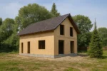 Дом «Б-158Б», 158 м², 1.5 этажа, в черновой отделке: коробка из СИП-панелей OSB-3, двускатная кровля из металлочерепицы, проёмы без окон и дверей, в проёмах видны сосновые балки перекрытия