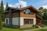 Проект дома «Б-160» из СИП-панелей, 160 м² — двухэтажный дом с деревянным фасадом, серой крышей и крытым крыльцом | HotWell.KZ