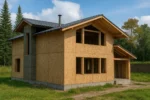 Дом «Б-160», 160 м², 1.5 этажа, в черновой отделке: коробка из СИП-панелей OSB-3, двускатная кровля из металлочерепицы, проёмы без окон и дверей, в проёмах видны сосновые балки перекрытия