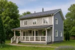 Проект дома «Б-160Б» из СИП-панелей, 160 м² — двухэтажный дом с серым фасадом, темной крышей и крытой террасой | HotWell.KZ