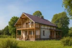 Проект дома «Б-160Г» из СИП-панелей, 160 м² — двухэтажный дом с бежевым фасадом, коричневой крышей и балконом | HotWell.KZ