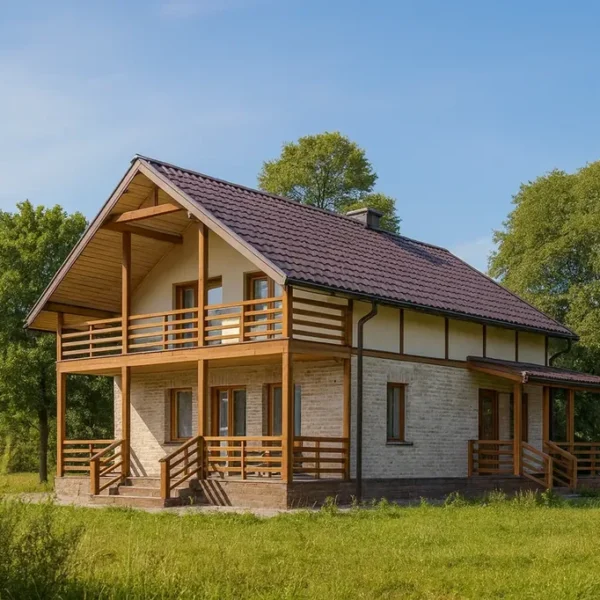 Проект дома «Б-160Г» из СИП-панелей, 160 м² — двухэтажный дом с бежевым фасадом, коричневой крышей и балконом | HotWell.KZ