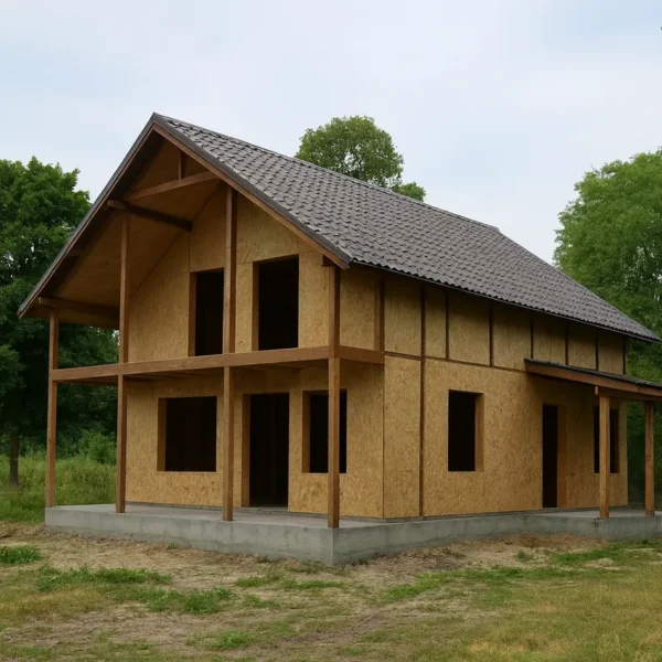 Дом «Б-160Г», 160 м², 1.5 этажа, в черновой отделке: коробка из СИП-панелей OSB-3, двускатная кровля из металлочерепицы, проёмы без окон и дверей, в проёмах видны сосновые балки перекрытия