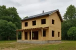 Дом «Б-160В», 160 м², 2 этажа, в черновой отделке: коробка из СИП-панелей OSB-3, двускатная кровля из металлочерепицы, проёмы без окон и дверей, в проёмах видны сосновые балки перекрытия