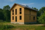 Дом «Б-162», 162 м², 2 этажа, в черновой отделке: коробка из СИП-панелей OSB-3, двускатная кровля из металлочерепицы, проёмы без окон и дверей, в проёмах видны сосновые балки перекрытия
