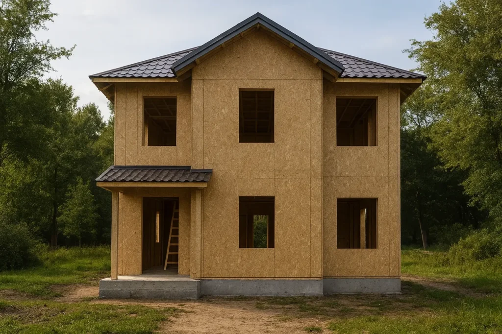 Дом «Б-164», 164 м², 2 этажа, в черновой отделке: коробка из СИП-панелей OSB-3, кровля из металлочерепицы, проёмы без окон и дверей, в проёмах видны сосновые балки перекрытия