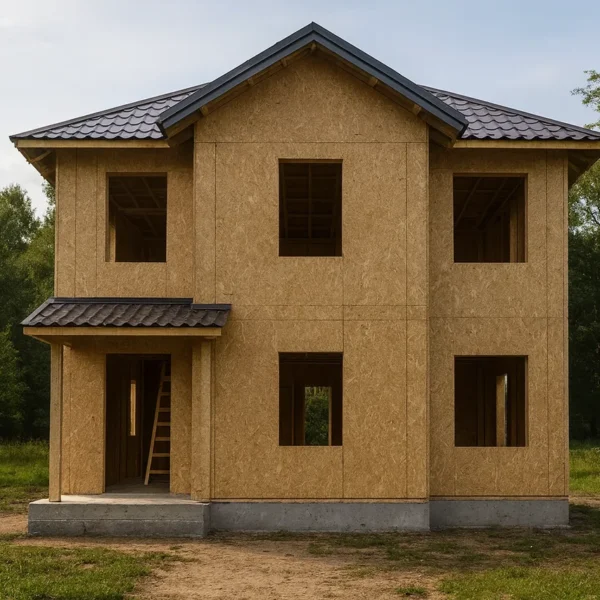 Дом «Б-164», 164 м², 2 этажа, в черновой отделке: коробка из СИП-панелей OSB-3, кровля из металлочерепицы, проёмы без окон и дверей, в проёмах видны сосновые балки перекрытия