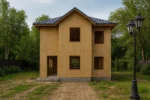 Дом «Б-164Б», 164 м², 2 этажа, в черновой отделке: коробка из СИП-панелей OSB-3, вальмовая кровля из металлочерепицы, проёмы без окон и дверей, в проёмах видны сосновые балки перекрытия