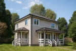 Проект дома «Б-164В» из СИП-панелей, 164 м² — двухэтажный дом с бежевым фасадом, темной крышей и крыльцом | HotWell.KZ