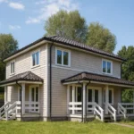Проект дома «Б-164В» из СИП-панелей, 164 м² — двухэтажный дом с бежевым фасадом, темной крышей и крыльцом | HotWell.KZ