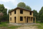 Дом «Б-164В», 164 м², 2 этажа, в черновой отделке: коробка из СИП-панелей OSB-3, вальмовая кровля из металлочерепицы, проёмы без окон и дверей, в проёмах видны сосновые балки перекрытия