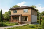 Проект дома «Б-165» из СИП-панелей, 165 м² — двухэтажный дом с коричневым фасадом, темной крышей и террасой | HotWell.KZ
