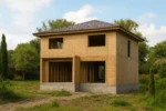 Дом «Б-165», 165 м², 2 этажа, в черновой отделке: коробка из СИП-панелей OSB-3, вальмовая кровля из металлочерепицы, проёмы без окон и дверей, в проёмах видны сосновые балки перекрытия