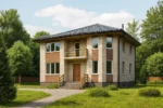 Проект дома «Б-168» из СИП-панелей, 168 м² — двухэтажный дом с бежевым фасадом, черной крышей и балконом | HotWell.KZ