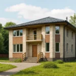 Проект дома «Б-168» из СИП-панелей, 168 м² — двухэтажный дом с бежевым фасадом, черной крышей и балконом | HotWell.KZ