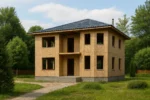Дом «Б-168», 168 м², 2 этажа, в черновой отделке: коробка из СИП-панелей OSB-3, вальмовая кровля из металлочерепицы, проёмы без окон и дверей, в проёмах видны сосновые балки перекрытия