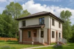 Проект дома «Б-170» из СИП-панелей, 170 м² — двухэтажный дом с бежевым фасадом, коричневой крышей и крыльцом | HotWell.KZ