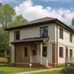 Проект дома «Б-170» из СИП-панелей, 170 м² — двухэтажный дом с бежевым фасадом, коричневой крышей и крыльцом | HotWell.KZ