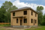 Дом «Б-170», 170 м², 2 этажа, в черновой отделке: коробка из СИП-панелей OSB-3, вальмовая кровля из металлочерепицы, проёмы без окон и дверей, в проёмах видны сосновые балки перекрытия