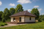 Проект дома «Б-172» из СИП-панелей, 172 м² — одноэтажный дом с бежевым фасадом, коричневой крышей и террасой | HotWell.KZ