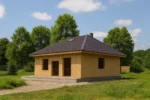 Дом «Б-172», 172 м², 1.5 этажа, в черновой отделке: коробка из СИП-панелей OSB-3, вальмовая кровля из металлочерепицы, проёмы без окон и дверей, в проёмах видны сосновые балки перекрытия