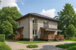 Проект дома «Б-173В» из СИП-панелей, 173 м² — двухэтажный дом с бежевым фасадом, серой крышей и террасой | HotWell.KZ