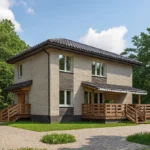 Проект дома «Б-173В» из СИП-панелей, 173 м² — двухэтажный дом с бежевым фасадом, серой крышей и террасой | HotWell.KZ
