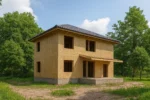 Дом «Б-173В», 173 м², 2 этажа, в черновой отделке: коробка из СИП-панелей OSB-3, вальмовая кровля из металлочерепицы, проёмы без окон и дверей, в проёмах видны сосновые балки перекрытия