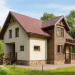 Проект дома «Б-174Б» из СИП-панелей, 174 м² — двухэтажный дом с бежевым фасадом, коричневой крышей и террасой | HotWell.KZ
