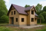 Дом «Б-174Б», 174 м², 1.5 этажа, в черновой отделке: коробка из СИП-панелей OSB-3, двускатная кровля из металлочерепицы, проёмы без окон и дверей, в проёмах видны сосновые балки перекрытия