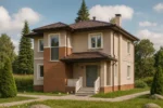 Проект дома «Б-177» из СИП-панелей, 177 м² — двухэтажный дом с бежевым фасадом, коричневой крышей и кирпичным элементом | HotWell.KZ