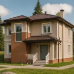 Проект дома «Б-177» из СИП-панелей, 177 м² — двухэтажный дом с бежевым фасадом, коричневой крышей и кирпичным элементом | HotWell.KZ