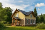 Проект дома «Б-180» из СИП-панелей, 180 м² — двухэтажный дом с бежевым фасадом, серой крышей и крыльцом | HotWell.KZ