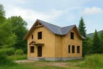Дом «Б-180», 180 м², 1.5 этажа, в черновой отделке: коробка из СИП-панелей OSB-3, двускатная кровля из металлочерепицы, проёмы без окон и дверей, в проёмах видны сосновые балки перекрытия